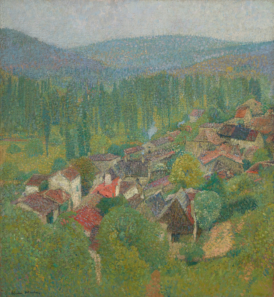 Henri Martin — Vue des toits de Labastide-du-Vert en été | Pointillist Landscape Print shown to scale on a wall above a sofa