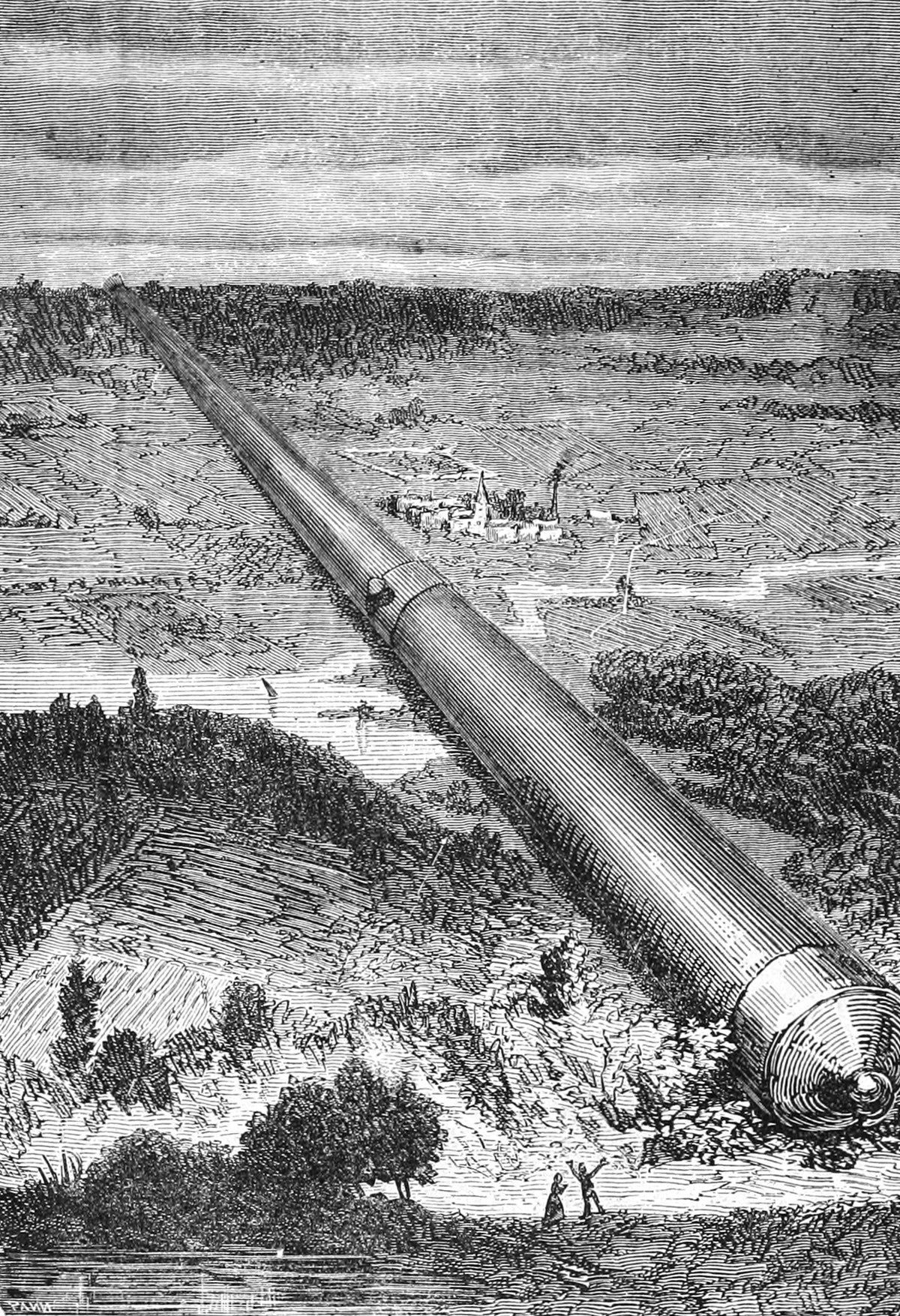 Vue idéale du canon de J.-T. Maston (Ideal view of J.-T. Maston's cannon) by Henri de Montaut — An immense cannon barrel runs across fields toward the horizon