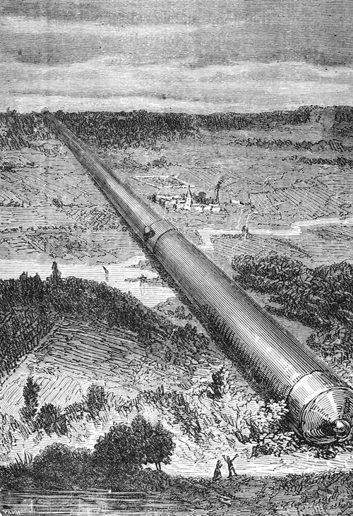 Vue idéale du canon de J.-T. Maston (Ideal view of J.-T. Maston's cannon) by Henri de Montaut — An immense cannon barrel runs across fields toward the horizon