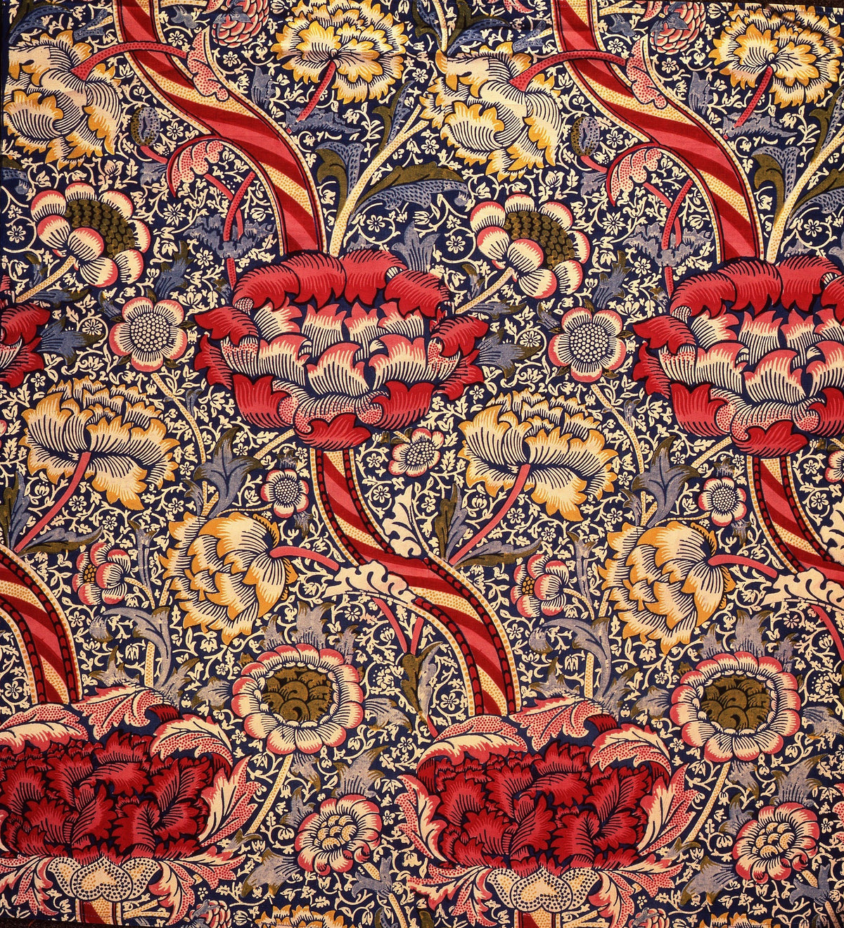 Wandle by William Morris — Crimson and yellow blooms over a navy ground of tiny flowers