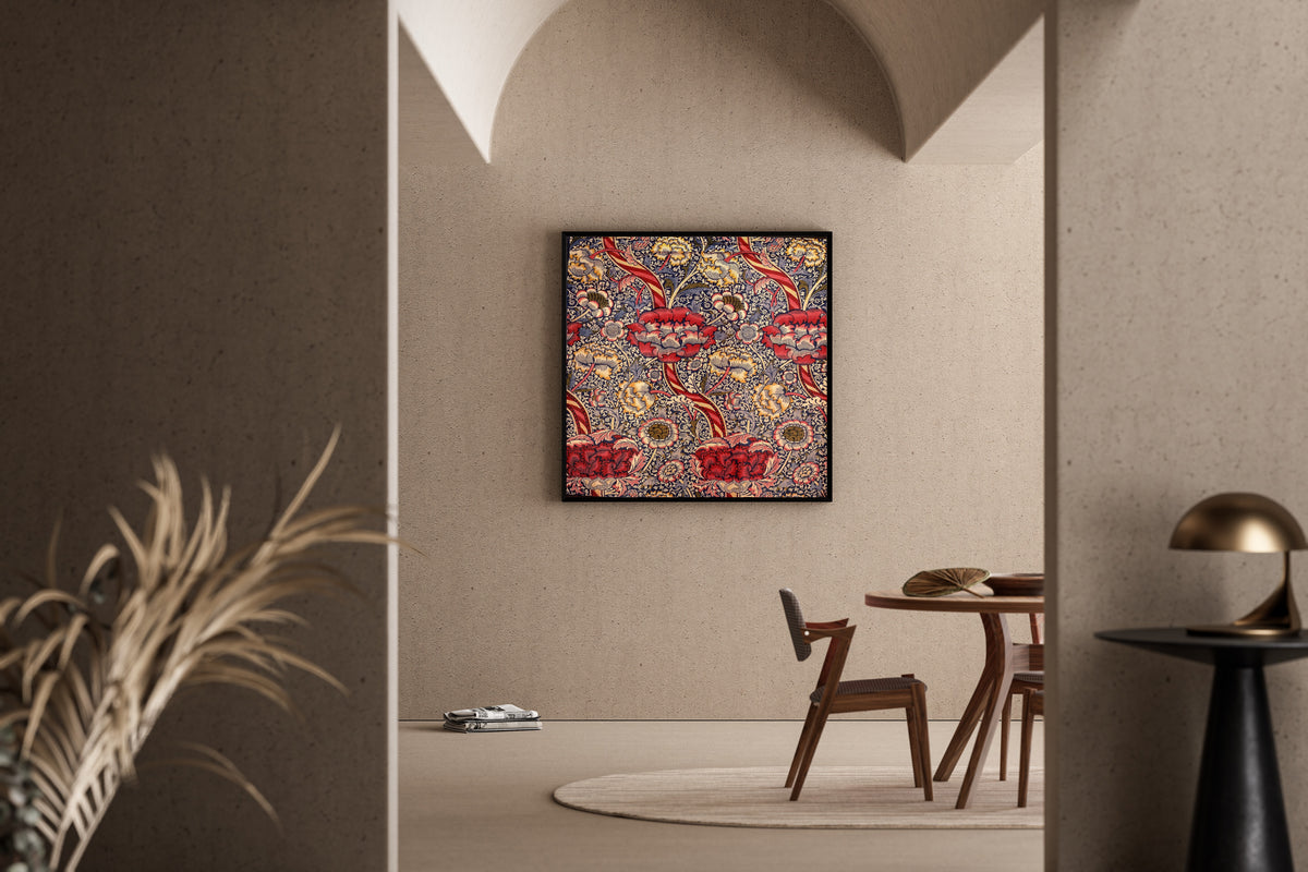 Framed art print of Wandle by William Morris, in a sunlit dining corner