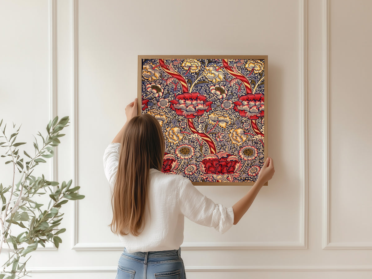 Framed art print of Wandle by William Morris, hung on a panelled wall