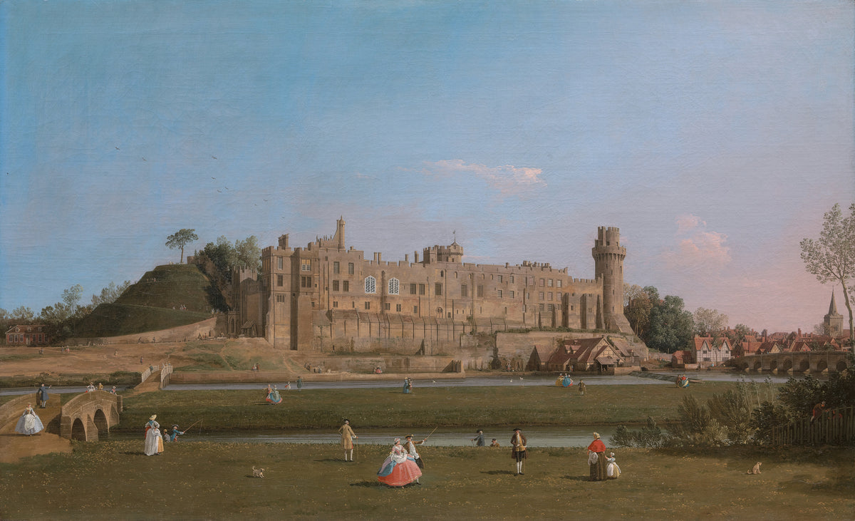 Warwick Castle by Canaletto — A pale castle on a rise above a river and a vast blue sky