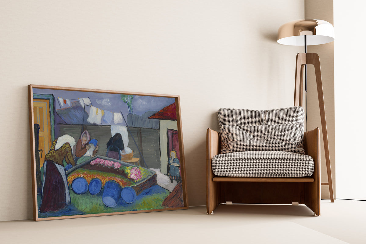 Washerwomen by Marianne von Werefkin — framed and leaning against a wall beside an armchair and a floor lamp