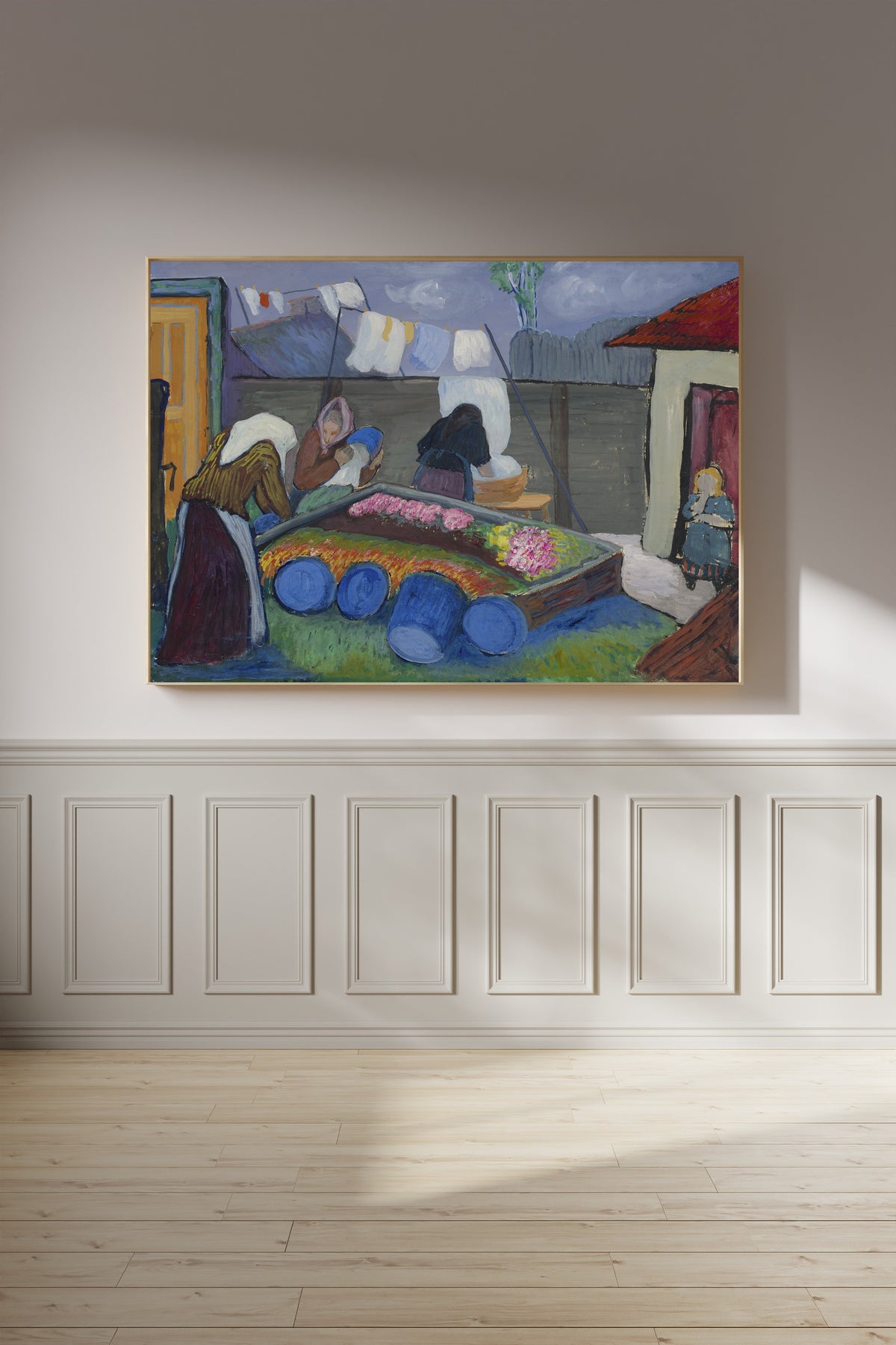 Washerwomen by Marianne von Werefkin — framed on a panelled wall in afternoon light