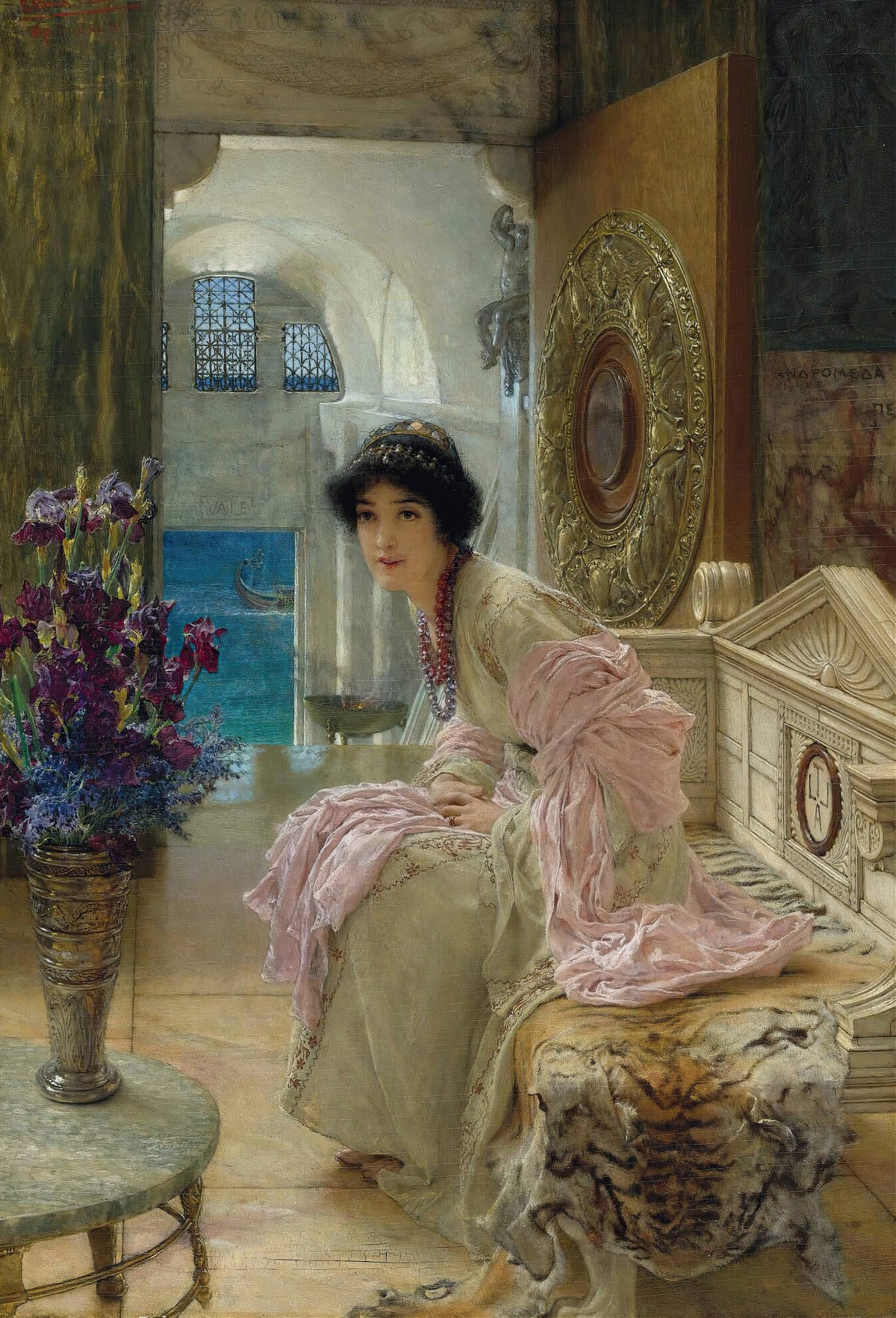 Watching and Waiting by Lawrence Alma-Tadema — A woman in a pink shawl leans forward on a tiger-skin bench