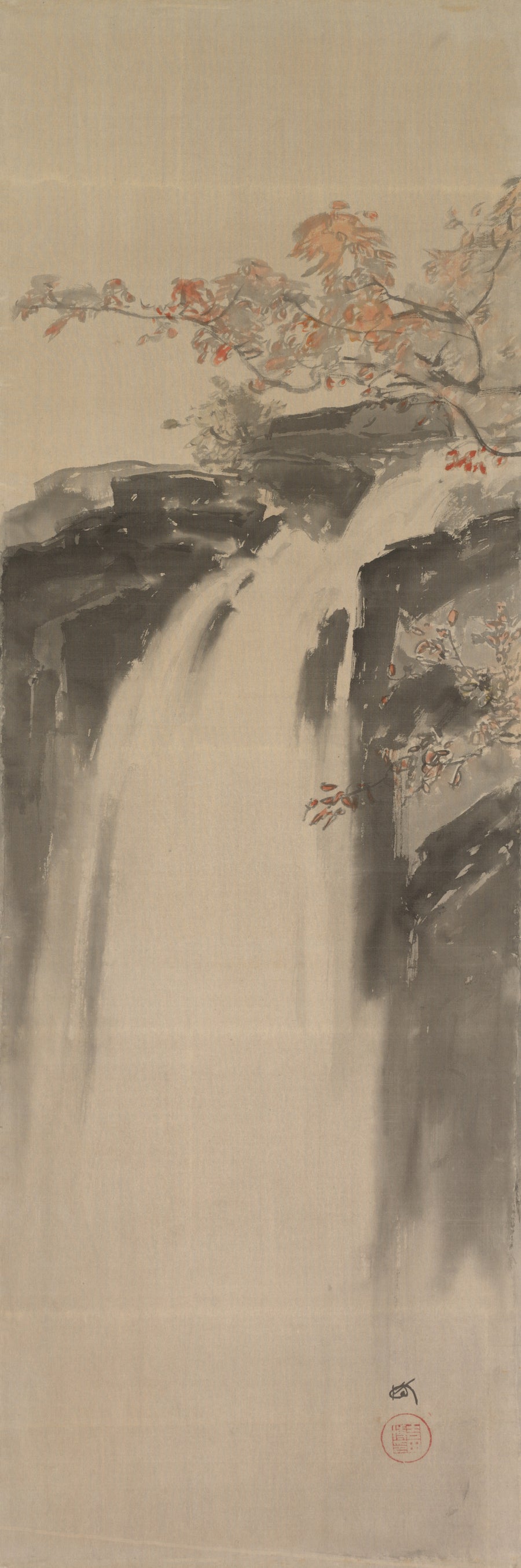 Hiroshi Yoshida — Waterfall | Japanese Ink Painting Print shown to scale on a wall above a sofa