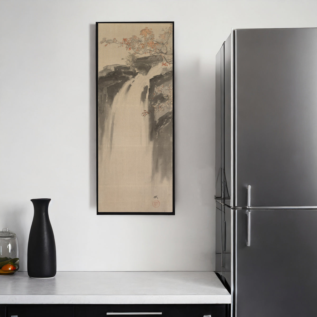 Framed art print of Waterfall by Hiroshi Yoshida, on a kitchen wall