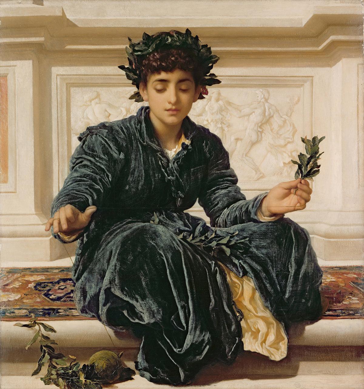 Weaving the Wreath by Frederic Leighton — A girl crowned with leaves threads a garland on a marble step