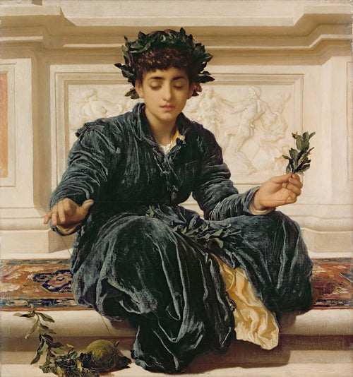 Weaving the Wreath by Frederic Leighton — A girl crowned with leaves threads a garland on a marble step