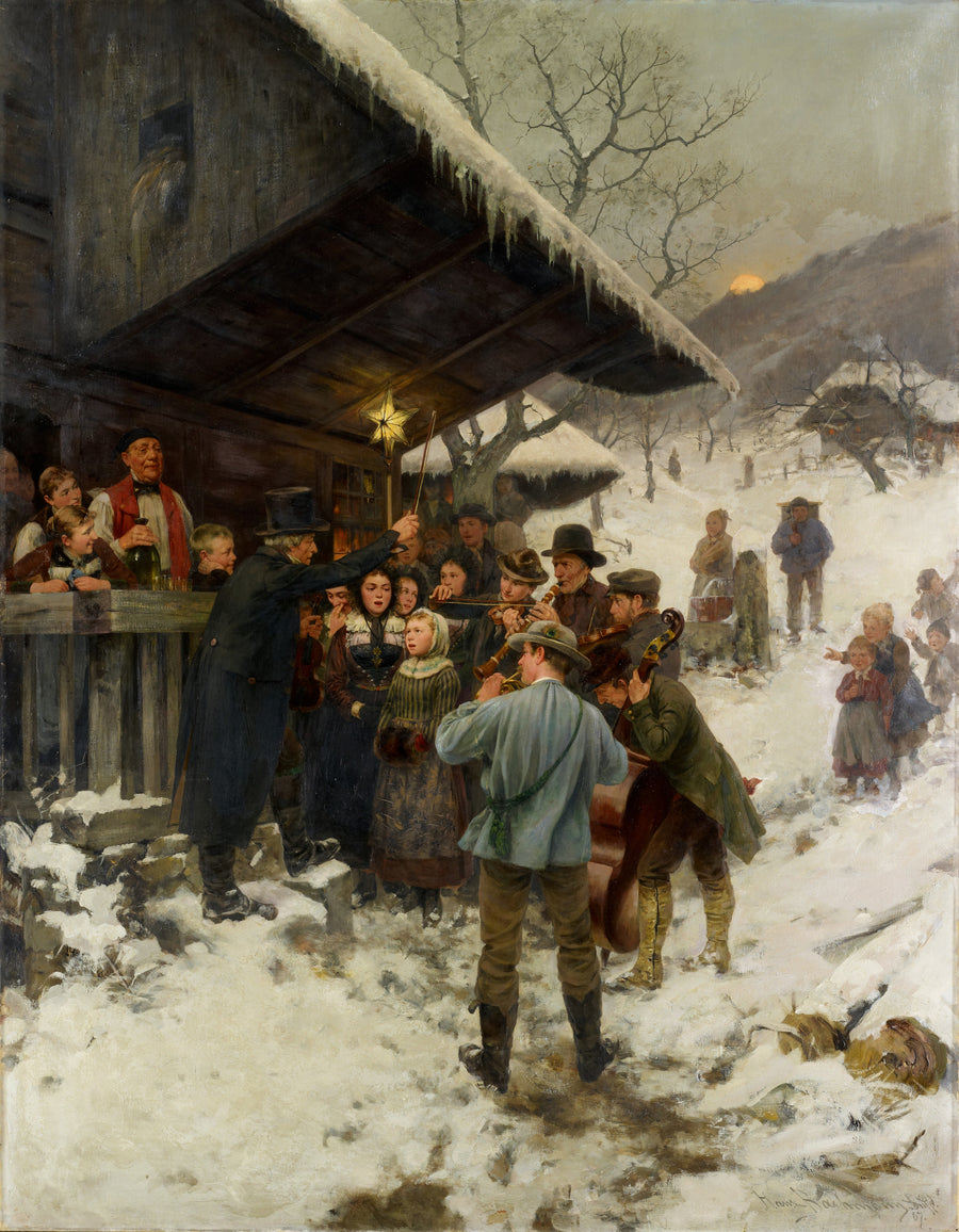 Hans Bachmann — Weihnachtssingen im Kanton Luzern (A Christmas Carol in Lucerne) | Christmas Art Print shown to scale on a wall above a sofa