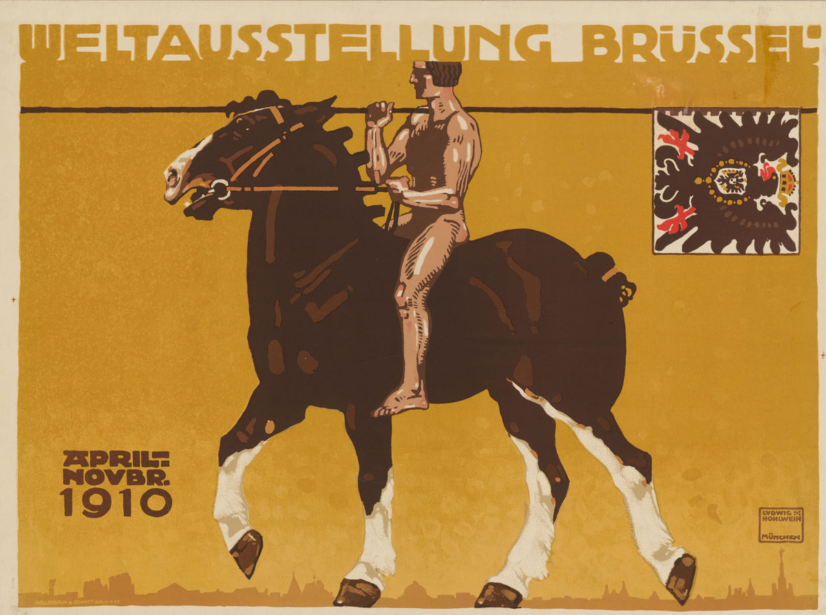 Weltausstellung Brüssel 1910 by Ludwig Hohlwein — A bare rider on a dark horse carries a lance and eagle banner