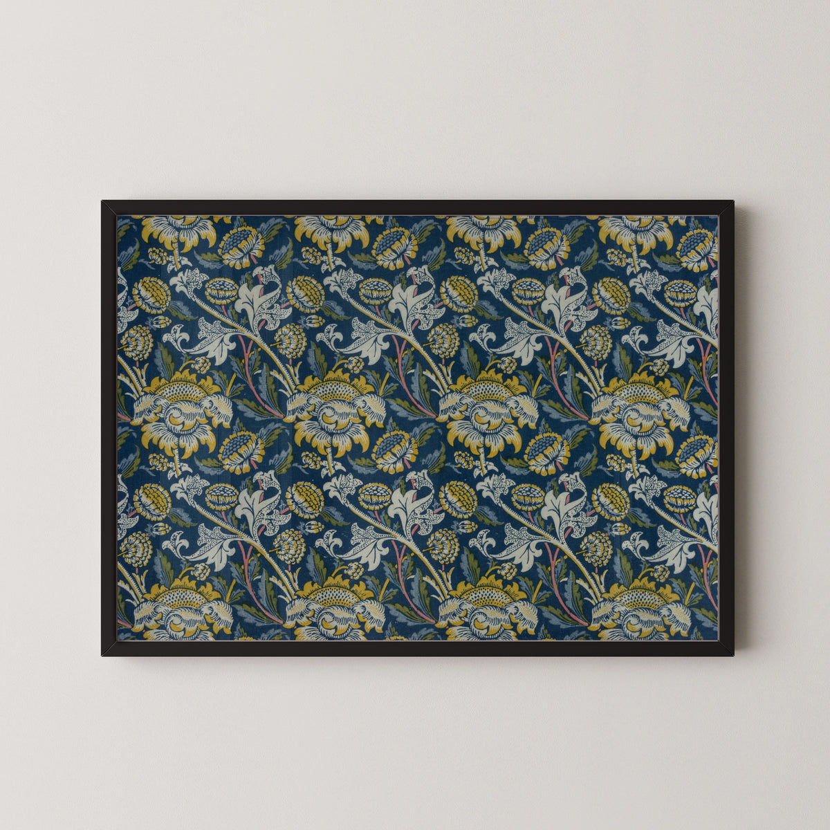 Framed art print of Wey (Blue) by William Morris, in a black frame on a pale wall