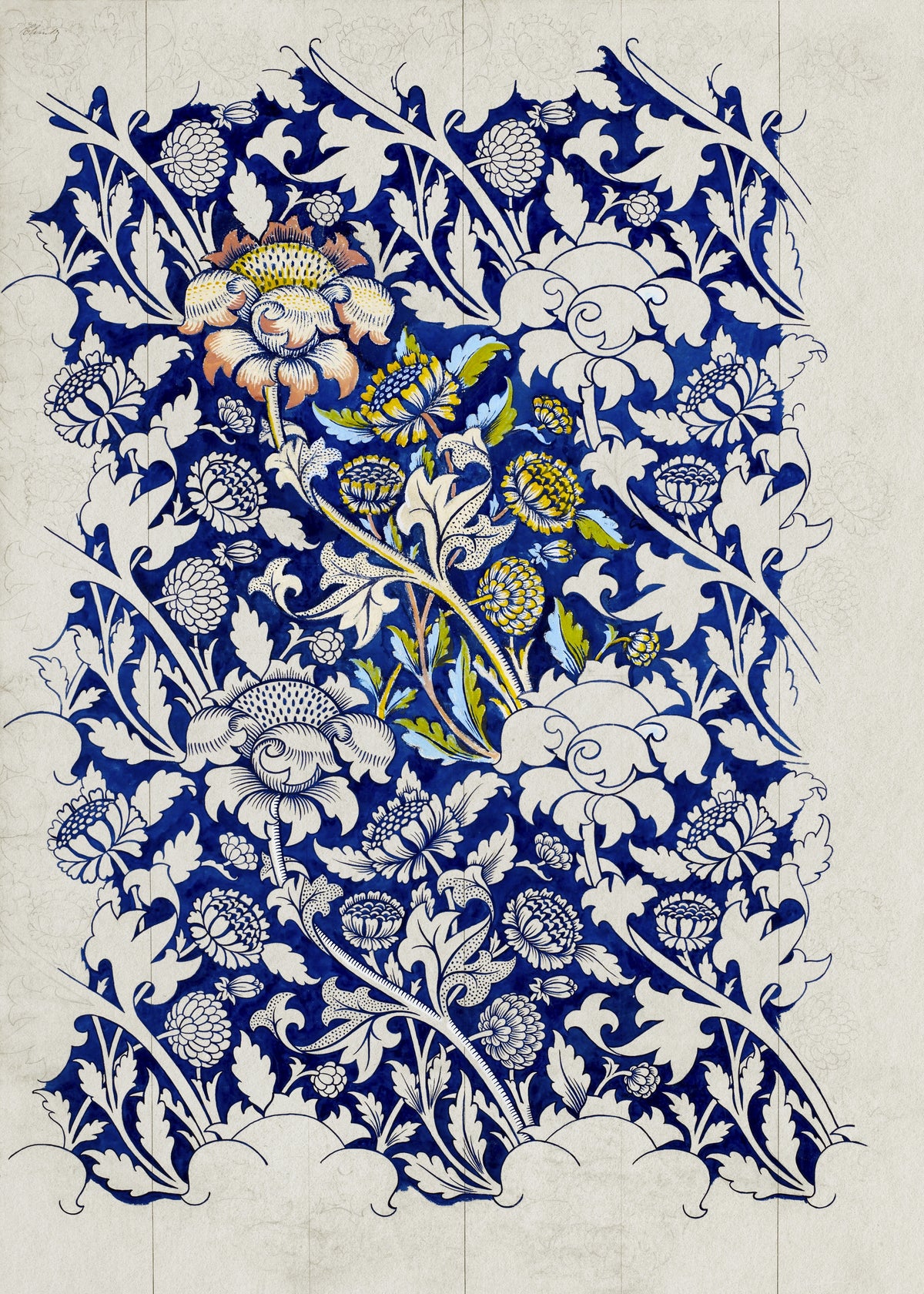 Wey (Design Drawing) by William Morris — Cream leaves and blooms reserved on a painted navy ground