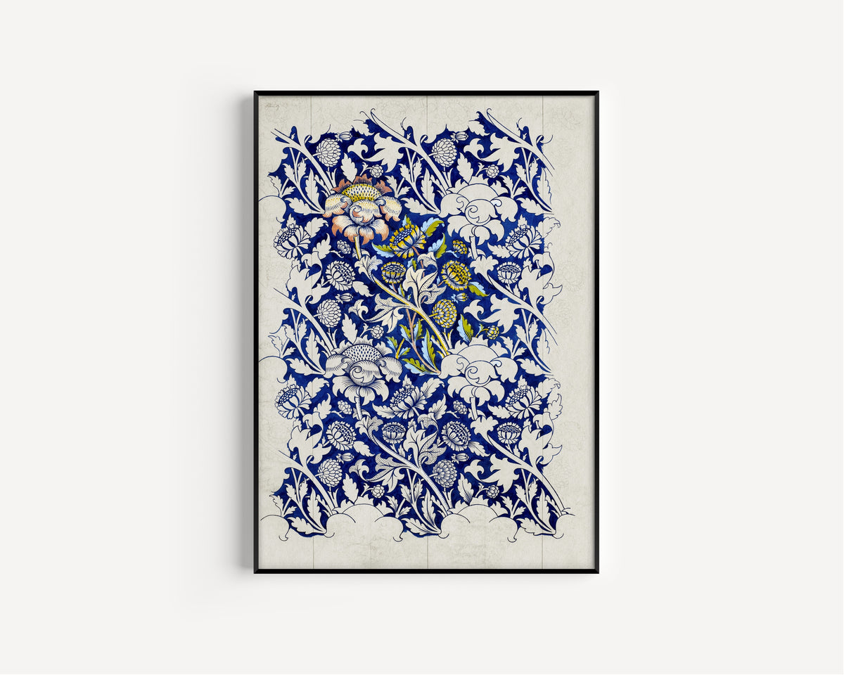 Framed art print of Wey (Design Drawing) by William Morris, in a slim black frame on a plain white wall