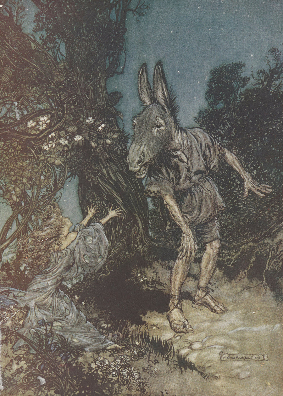 Arthur Rackham — What Angel Wakes Me from My Flowery Bed? | Shakespeare Illustration Print shown to scale on a wall above a sofa