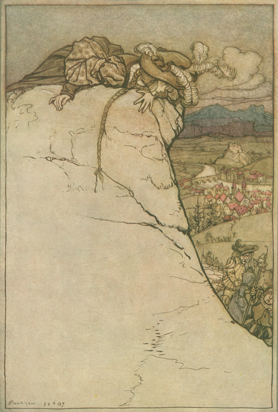 Arthur Rackham — What, Indeed, Could She Do | Fairy Tale Illustration Print shown to scale on a wall above a sofa