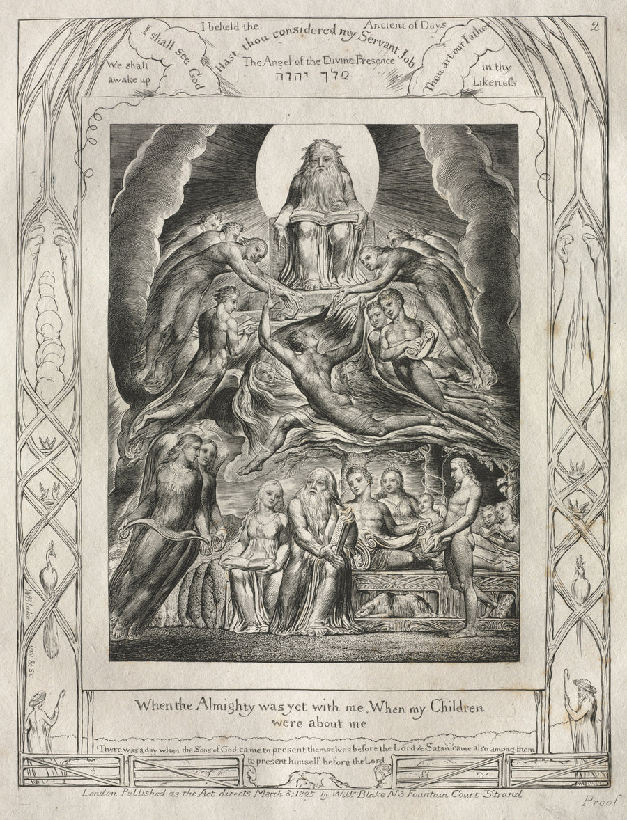William Blake — When the Almighty Was Yet with Me (Book of Job, Plate 2) | Engraving Print shown to scale on a wall above a sofa