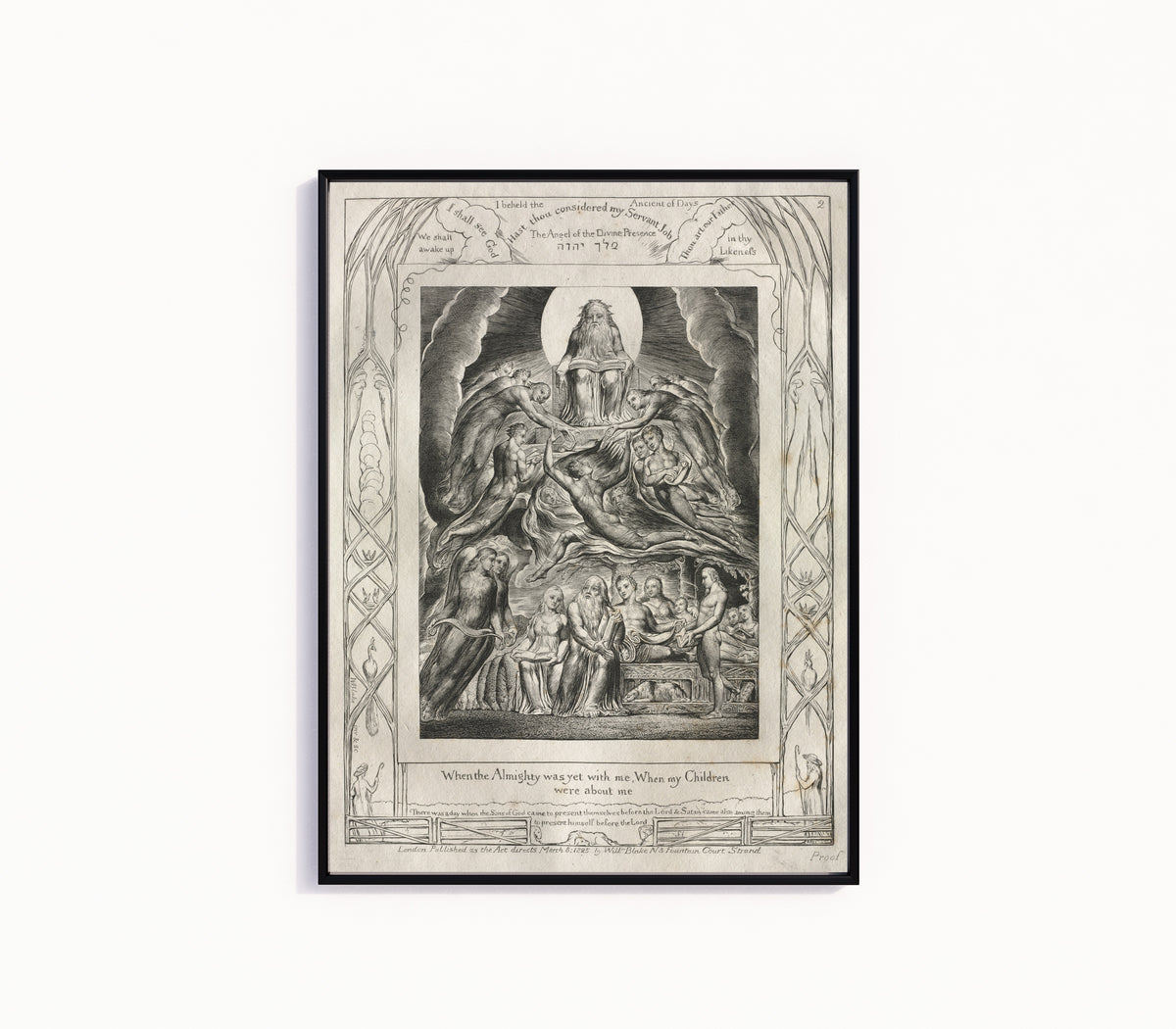 Framed art print of When the Almighty Was Yet with Me (Book of Job, Plate 2) by William Blake, in a slim black frame on a plain white wall