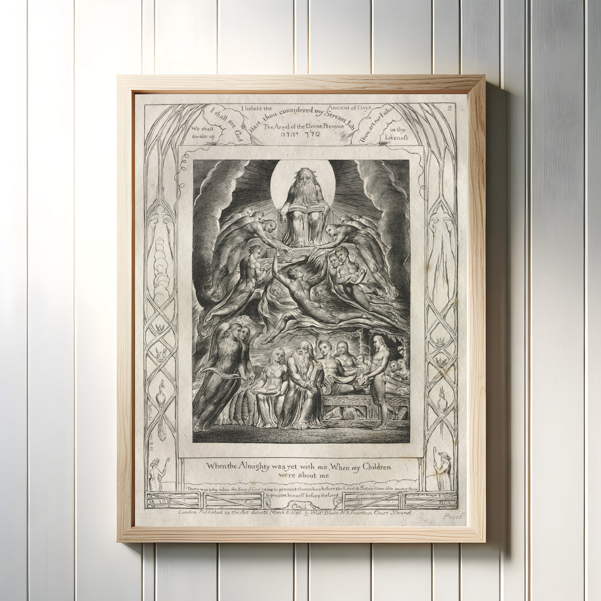 Framed art print of When the Almighty Was Yet with Me (Book of Job, Plate 2) by William Blake, in a light wood frame on a white panelled wall