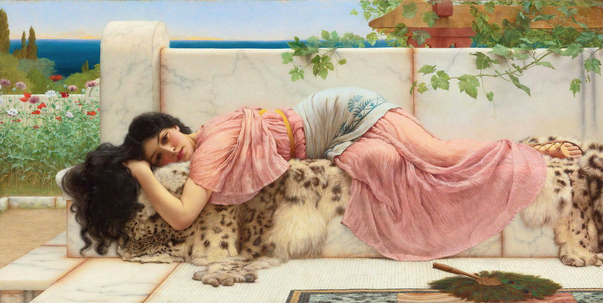 When the Heart is Young by John William Godward — A woman in pink lies dreaming on a leopard skin across a marble seat