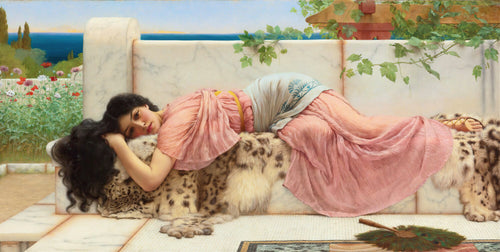 When the Heart is Young by John William Godward — A woman in pink lies dreaming on a leopard skin across a marble seat