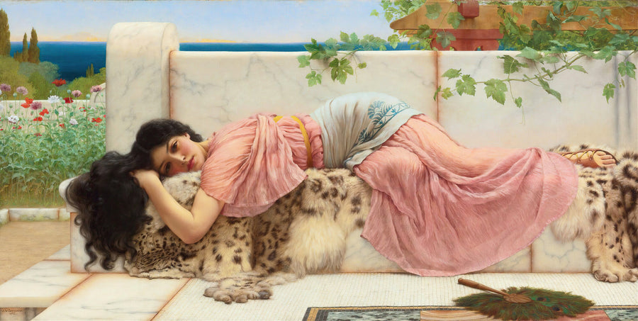John William Godward — When the Heart is Young | Art Print shown to scale on a wall above a sofa