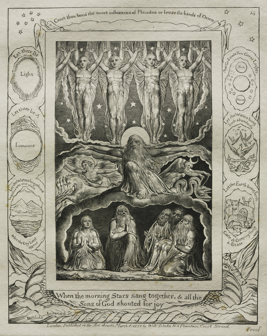William Blake — When the Morning Stars Sang Together (Book of Job, Plate 14) | Engraving Print shown to scale on a wall above a sofa