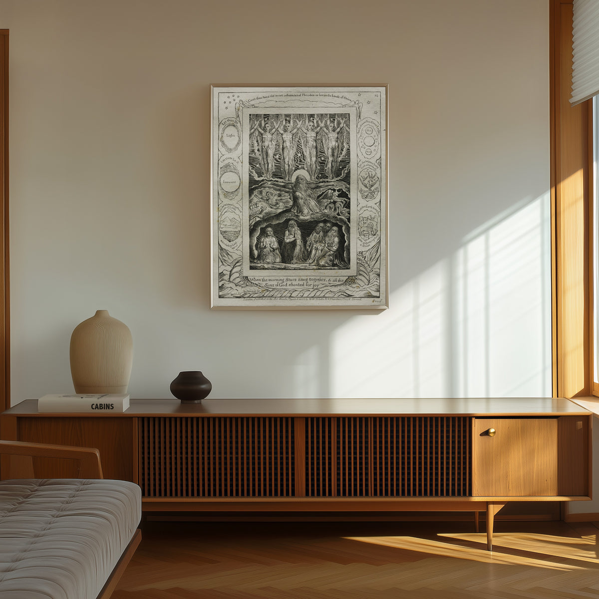 Framed art print of When the Morning Stars Sang Together (Book of Job, Plate… by William Blake, in a thin light frame on a sunlit wall above a wooden sideboard