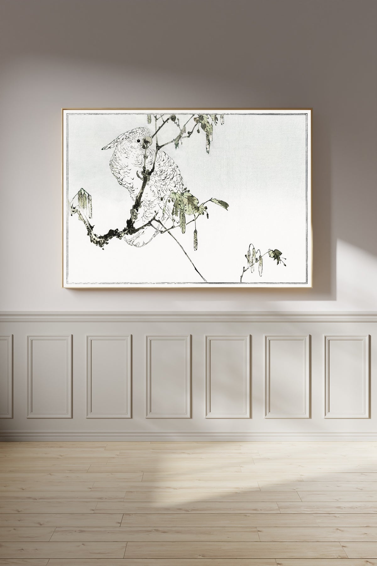 Watanabe Seitei — White cockatoo perched on a branch | Japanese Bird & Flower Woodblock Print