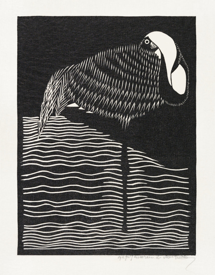 Samuel Jessurun de Mesquita — White-necked Crane | Woodcut Print shown to scale on a wall above a sofa