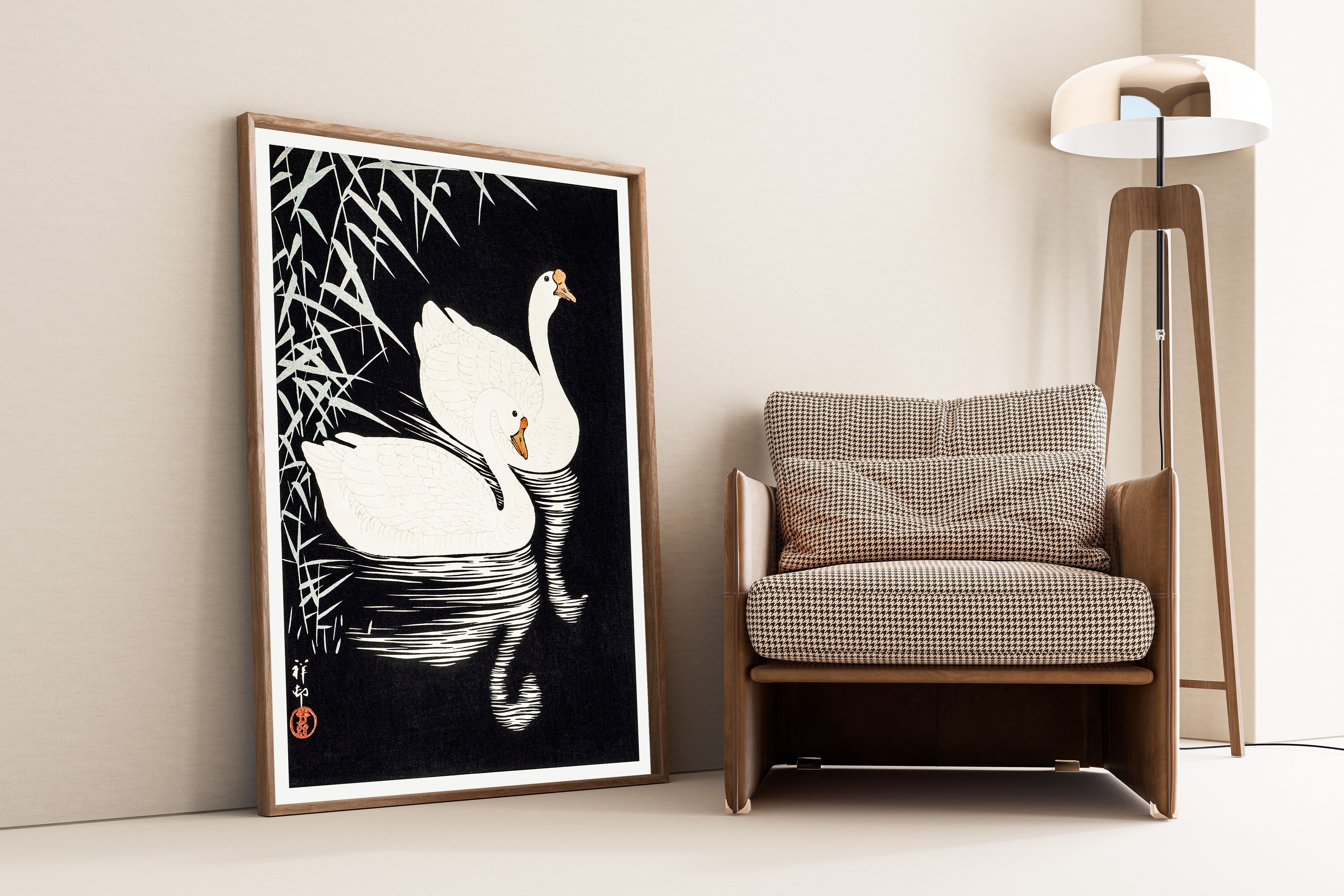 Ohara Koson — White Chinese Geese Swimming by Reeds | Japanese Bird & Flower Woodblock Print