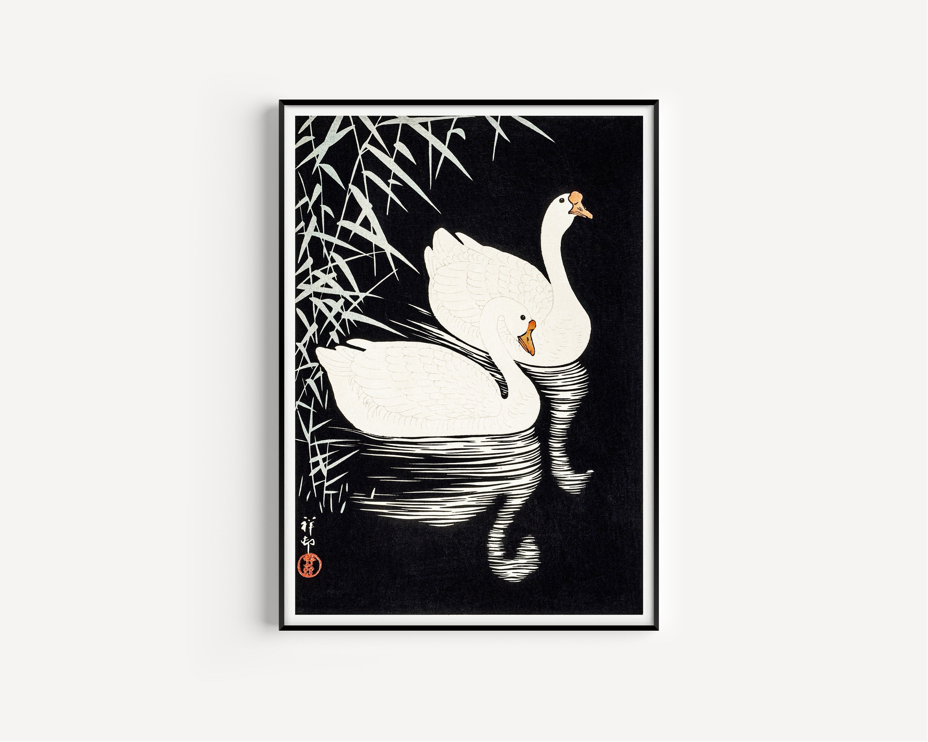 Ohara Koson — White Chinese Geese Swimming by Reeds | Japanese Bird & Flower Woodblock Print