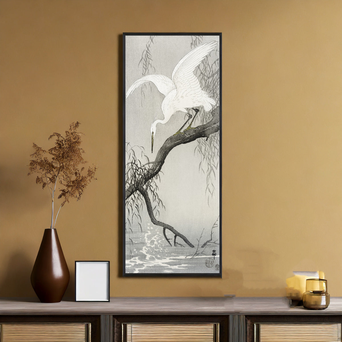 Ohara Koson — White Heron on Tree Branch | Japanese Bird & Flower Woodblock Print