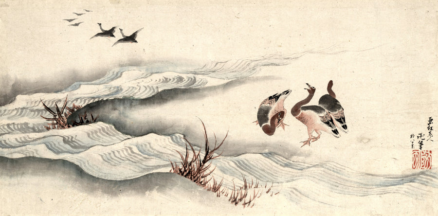 Katsushika Hokusai — Wild Geese and Water | Japanese Ink Painting Print shown to scale on a wall above a sofa