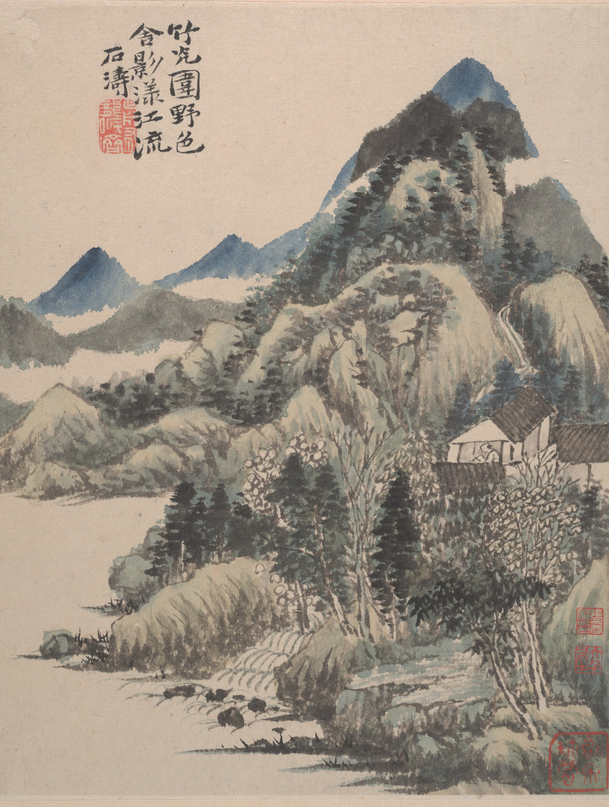 Shitao — Wilderness Colors (Blue Peaks and a Hillside Hamlet) | Chinese Ink Painting Art Print
