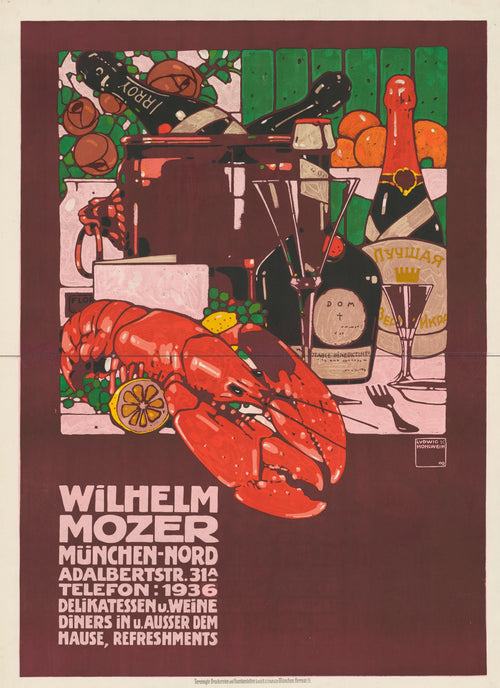 Wilhelm Mozer, München: Delikatessen und Weine by Ludwig Hohlwein — A red lobster, champagne and fruit crowd a delicatessen table