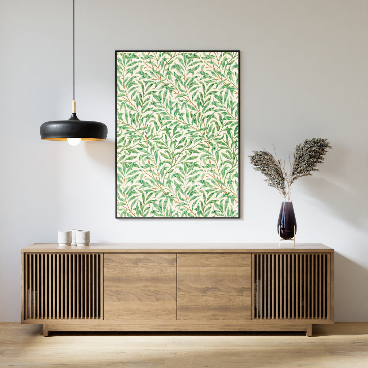 Framed art print of Willow Bough by William Morris, above a slatted wood sideboard