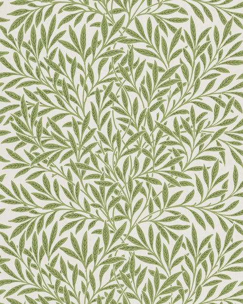 Willow by William Morris — Narrow green leaves crowd the stems on a pale cream ground
