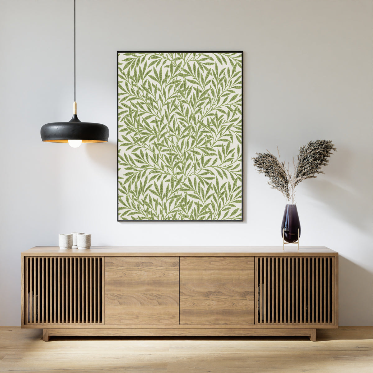 Framed art print of Willow by William Morris, above a slatted wood sideboard