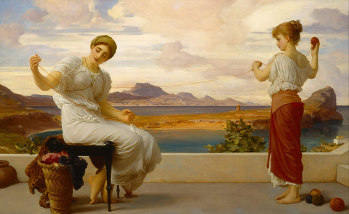 Winding the Skein by Frederic Leighton — Two women wind red wool on a terrace above a blue bay