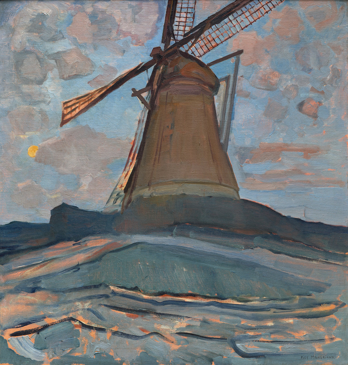 Windmill by Piet Mondrian — A brown windmill under pink clouds and a small yellow disc