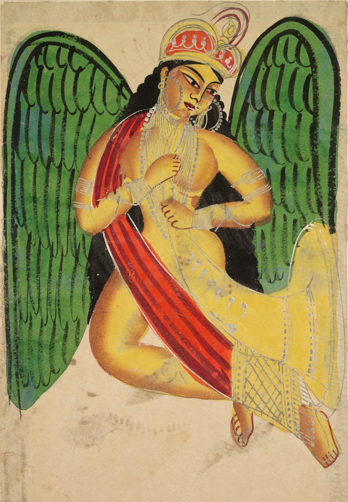 Kalighat painter — Winged Apsara with a Horn | Kalighat Painting Print