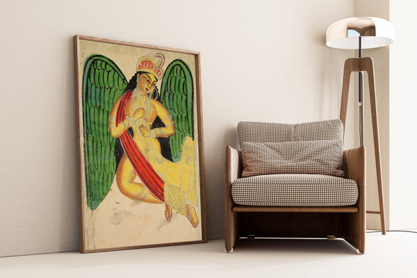 Kalighat painter — Winged Apsara with a Horn | Kalighat Painting Print