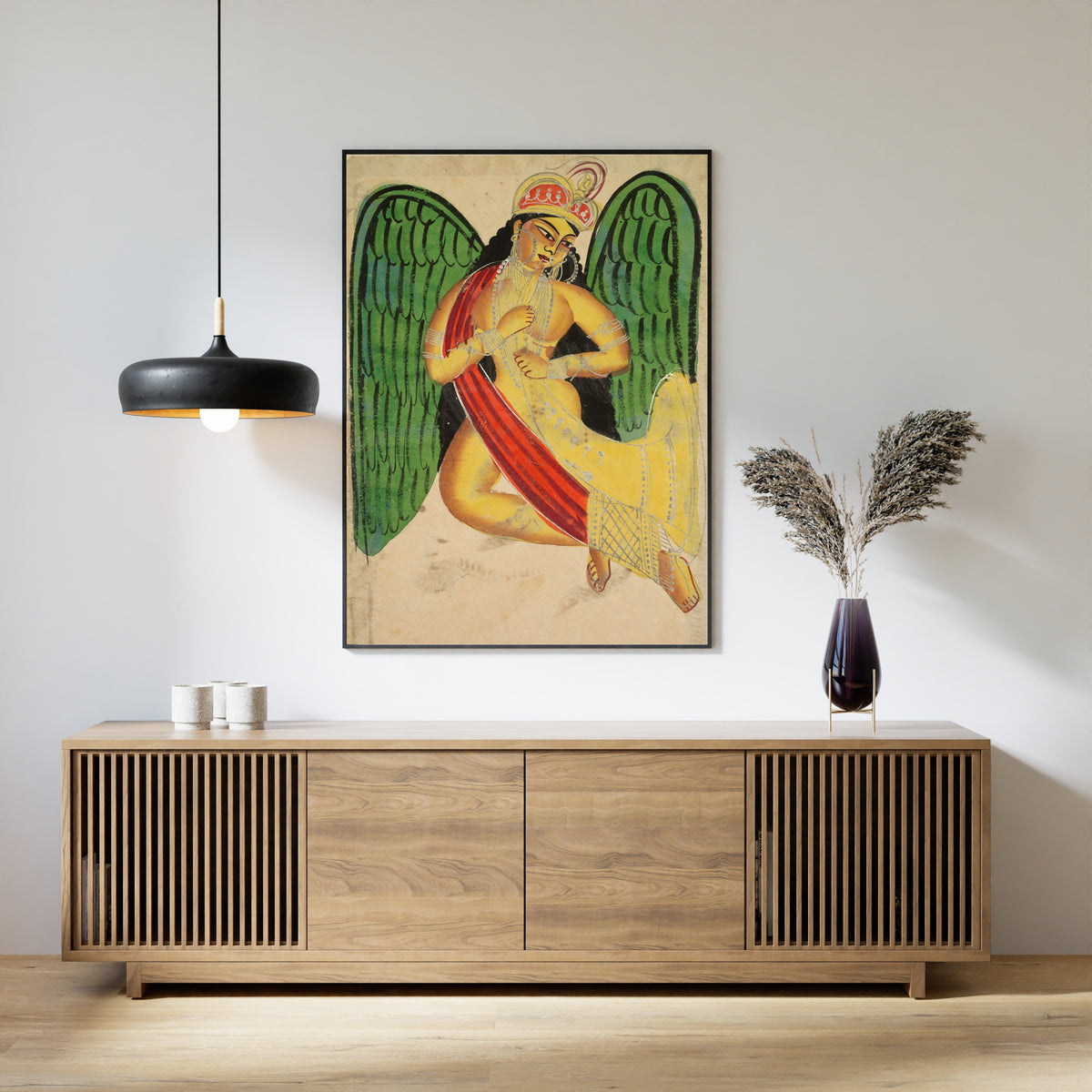Kalighat painter — Winged Apsara with a Horn | Kalighat Painting Print