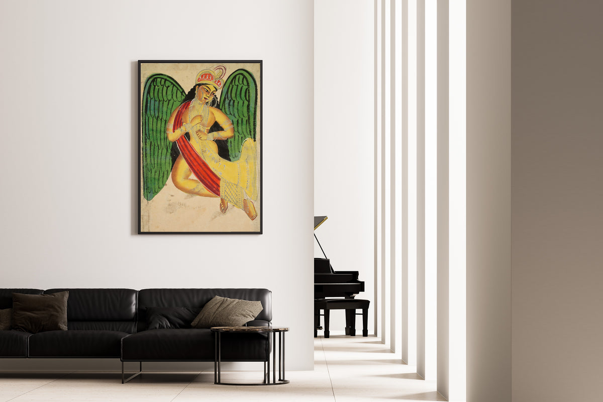 Kalighat painter — Winged Apsara with a Horn | Kalighat Painting Print