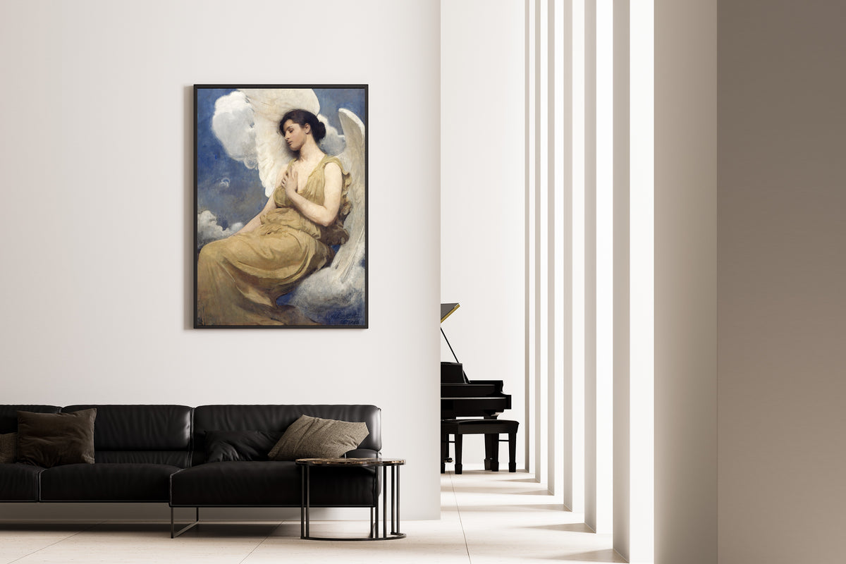 Winged Figure by Abbott Handerson Thayer — framed on the wall of a minimal living room