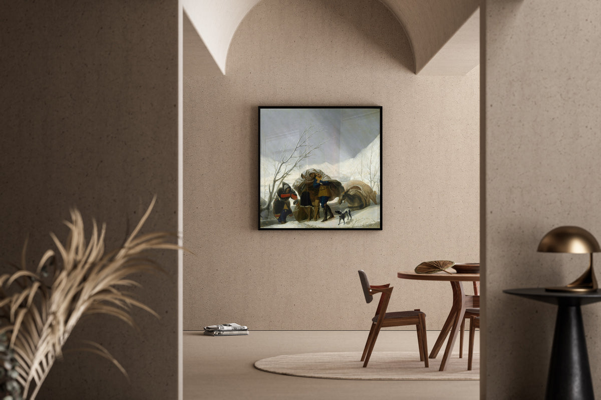 Framed art print of Winter Scene by Francisco de Goya, in a sunlit dining corner