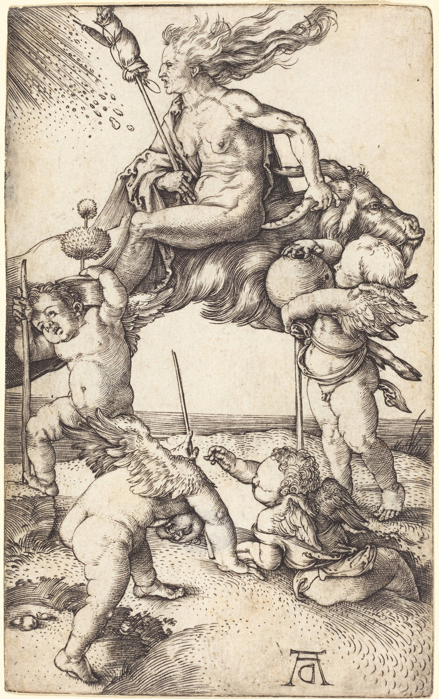 Albrecht Dürer — Witch Riding on a Goat | Engraving Print shown to scale on a wall above a sofa
