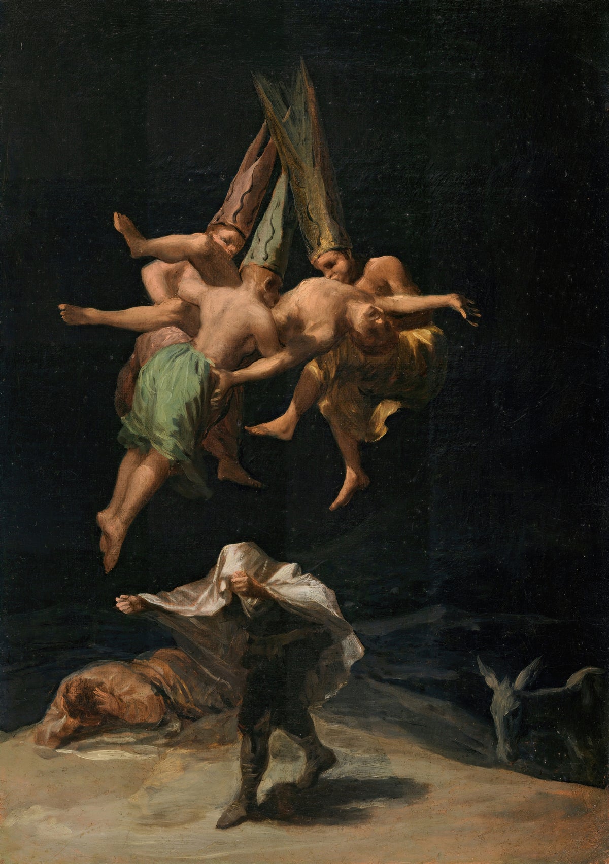 Witches' Flight by Francisco de Goya — Three witches in tall pointed caps carry a man up into the night